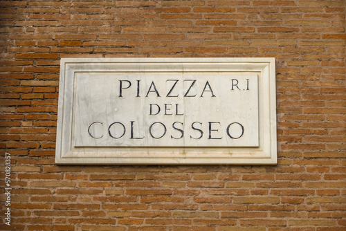 Traditional, Italian street sign carved in marble.  Piazza Del Colosseo in Rome, Italy © Lorenza