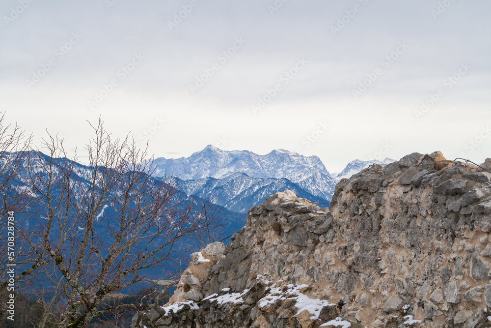 Fuessen, Germany - January 14th 2023: View from the Falkenstein ruin towards Zugspitze, the highest German peak.