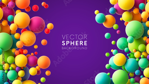 Abstract double border composition with colorful random flying spheres. Colorful rainbow matte soft balls in different sizes. Vector background
