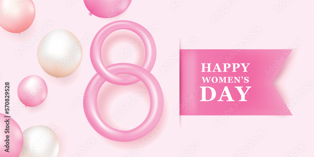 International Women's Day sales design template. Festive background with number 8 balloon and pink ribbon. 3d vector rendering. International Women's Day sales design template. Festive background with number 8 balloon and pink ribbon. 3d vector rendering.