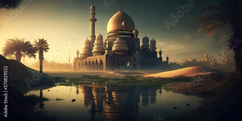 Mosque landscape with clear and sunset orange sky, perfect for Ramadhan card background 