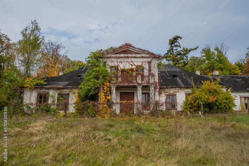 An old school in an abandoned manor house in central Poland, Europe in autumn