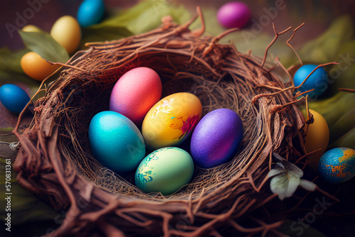 Natural easter nest with colorful eggs, Generative Ai