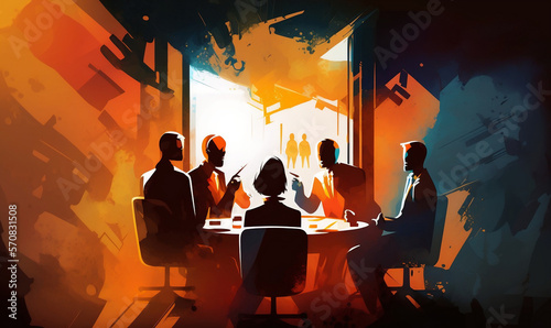 Teamwork. Colourful art of people having a business meeting.