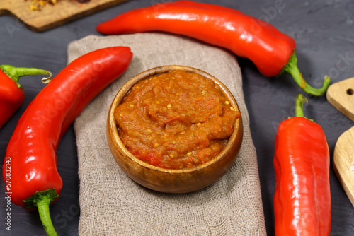 Balkan snack of bell pepper Ajvar and eggplant. Vegan food. Healthy eating. photo