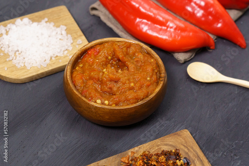 Balkan snack of bell pepper Ajvar and eggplant. Vegan food. Healthy eating photo