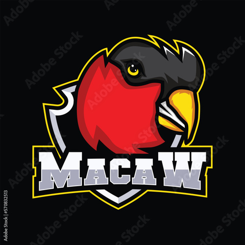 angry macaw mascot esports team logo with shield and dark background 