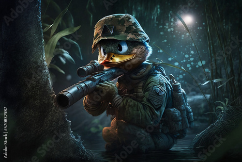 The duck in a sniper uniform is hiding in the dark forest. The duck lurks among the trees, its penetrating gaze sweeping around, ready for any potential threat. Generative AI. photo