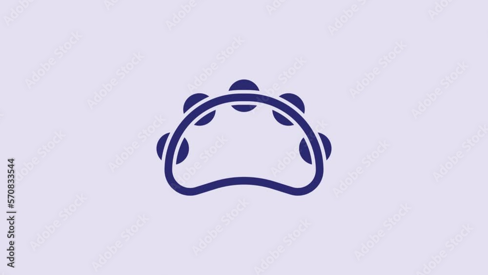 Blue Musical instrument percussion tambourine, with metal plates icon isolated on purple background. 4K Video motion graphic animation