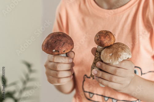 Three large mushrooms in the hands of a boy.