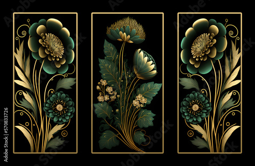 Green and golden flowers on black background