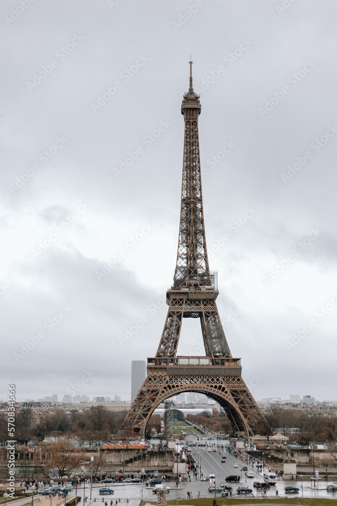 Full view of the Eiffel Tower and the Paris skyline