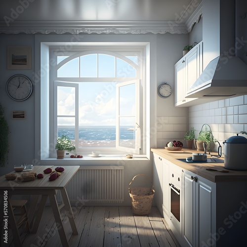 a kitchen by the sea and household appliances