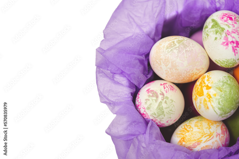 easter eggs on purple paper isolated on white background