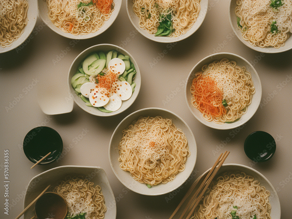 Collection of Asian noodle ramen bowls