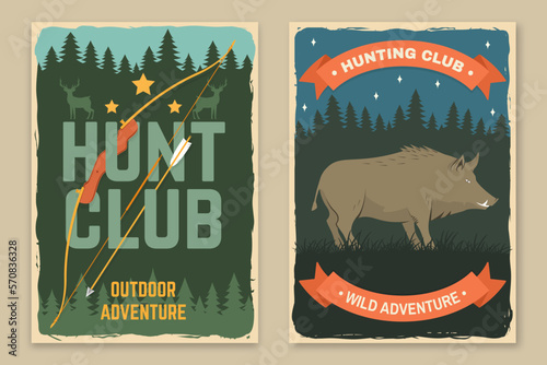 Hunting club retro posters. Eat, sleep, hunt. Vector illustration. Vintage typography design with boar, hunting bow and arrow silhouette. Outdoor adventure hunt club emblem.