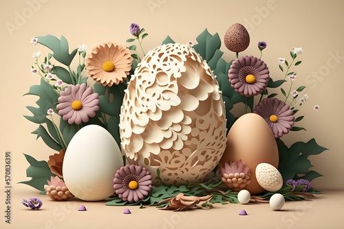3d render of eggs and flowers for easter day greeting card background made with Generative AI