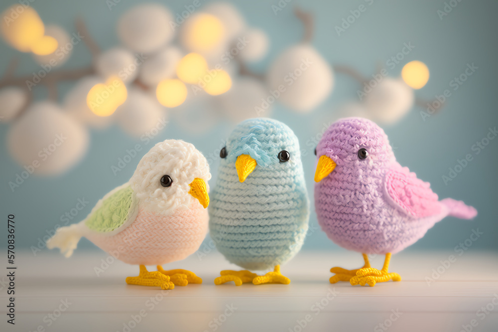 bird knitting art illustration cute suitable for children's books, children's animal photos created using artificial intelligence