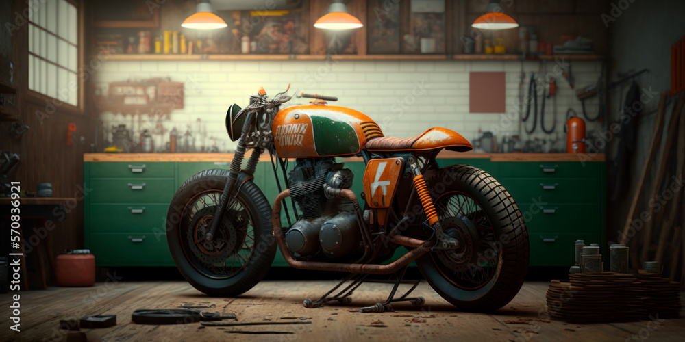 custom old school cafe racer motorcycle in a home workshop, generative ai - obrazy, fototapety, plakaty 
