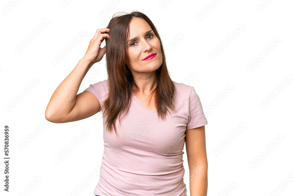 Middle-aged caucasian woman over isolated background having doubts while scratching head Middle-aged caucasian woman over isolated background having doubts while scratching head