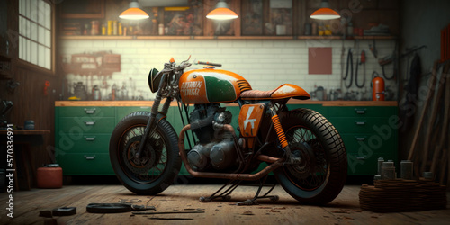 custom old school cafe racer motorcycle in a home workshop, generative ai Fototapet