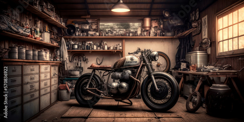 Murais de parede custom old school cafe racer motorcycle in a home workshop, generative ai