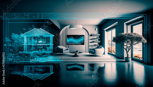interior design of the house of the future, with holographic and home automation interface, augmented reality, generative ai