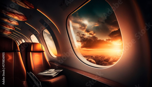 interior of a luxurious private jet with comfortable leather seats, generative ai