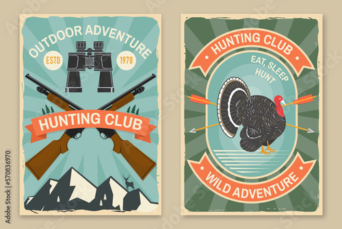 Hunting club poster, banner. Vector. Vintage typography design with hunting gun, binoculars, mountains, turkey and forest silhouette. Outdoor adventure hunt club emblem.