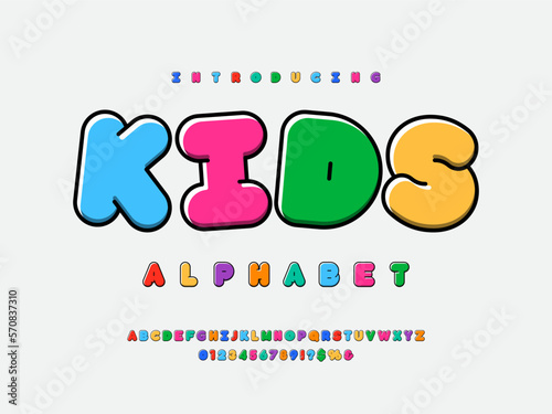 Colorful kids style alphabet design with uppercase, number and symbols