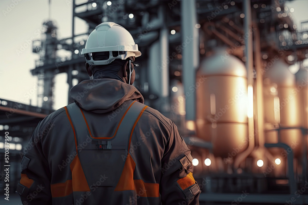 Engineer technician worker wearing safety PPE uniform that reading and recording data from display monitor, industrial controlling technique, factory zone, oil refinery industry with Generative AI. Engineer technician worker wearing safety PPE uniform that reading and recording data from display monitor, industrial controlling technique, factory zone, oil refinery industry with Generative AI.