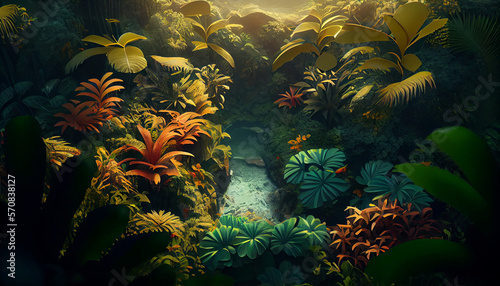 A beautiful enchanted fairytale top view paper cut of tropical rainforest, sunny, digital painting background illustration. Generative AI