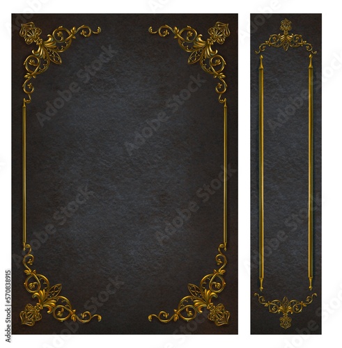 Antique Golden frame on grey paper background. Book cover template. Digital painting.