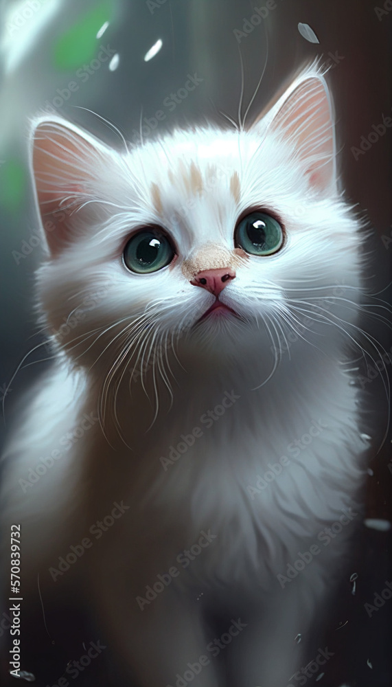 Cute White Cat Staring At You, AI Generated Art, glowing eyes and fluffy, adorable kitten