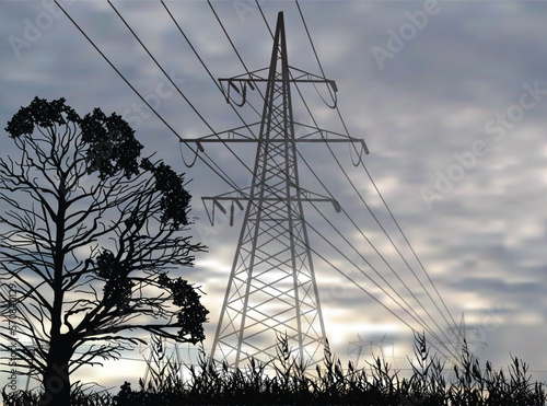 electric power pylon near black bare tree