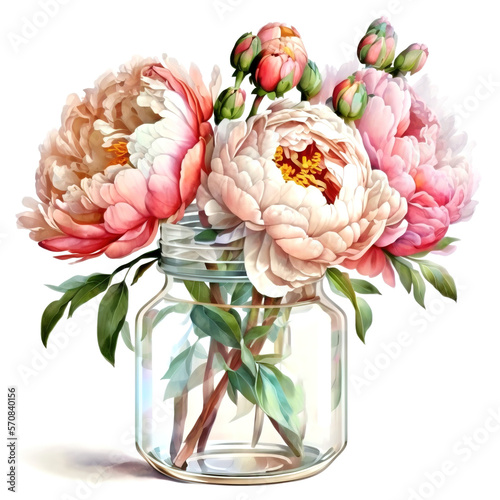 Fototapeta Naklejka Na Ścianę i Meble -  Flowers watercolor painting, glass jar with garden flowers and leaves,  greeting card, invitation, poster, wedding decoration and other images. Illustration isolated on white. Generative AI