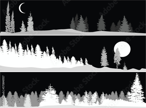 high pines and fir trees forest three grey landscapes