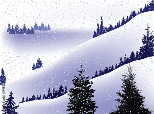 firs on blue snow hills illustration