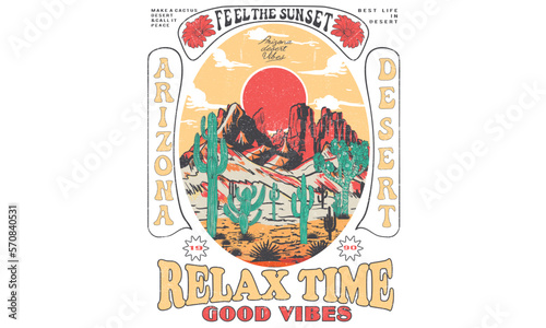 Arizona desert vector print design for t shirt and others. Desert vibes graphic print design for apparel, stickers, posters and background. Flower, cactus, Joshua tree artwork.	