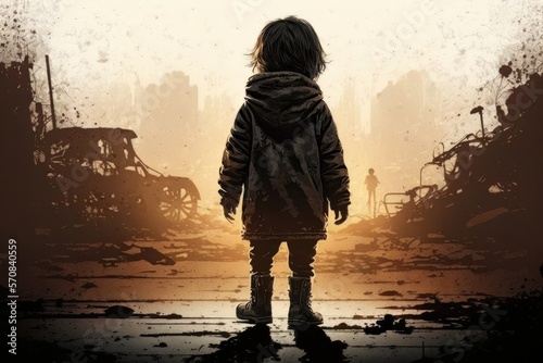 Lonely child standing on the street. Effect after war. Generative AI