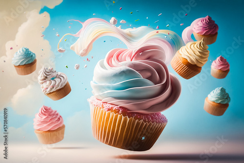 Assortiments de cupcakes et gâteaux colorés volants , délicieuses gourmandises aux tons pastels - Générative iA
