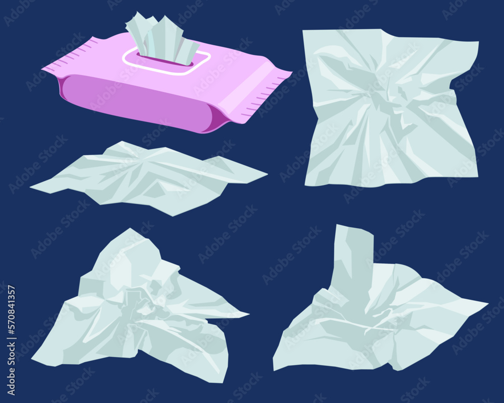 Napkin Box. Tissue box white tissue. Facial tissue holder. The crumpled napkin lies. Trash in flat vector illustration. Used napkin or crumpled paper isolated on blue background. Cold or flu seasonal