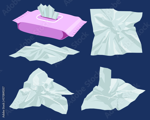 Napkin Box. Tissue box white tissue. Facial tissue holder. The crumpled napkin lies. Trash in flat vector illustration. Used napkin or crumpled paper isolated on blue background. Cold or flu seasonal