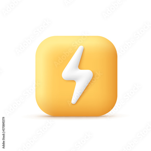 Flash bolt, thunderbolt button. Electric power, energy power, lightning concept. 3d cartoon style minimal vector illustration.