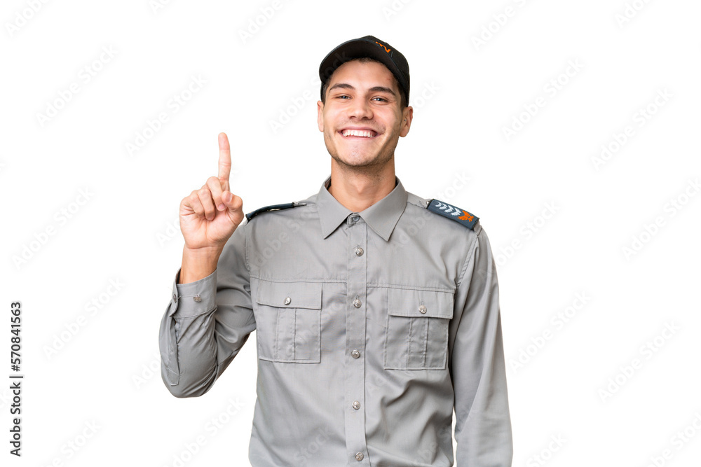 Young security man over isolated background showing and lifting a finger in sign of the best Young security man over isolated background showing and lifting a finger in sign of the best