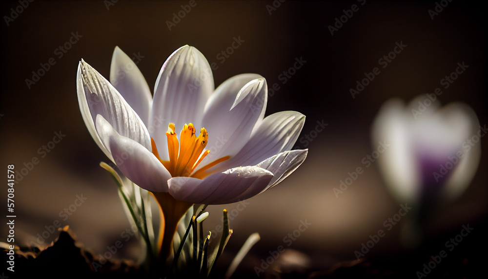 Fototapeta premium Reimagine white crocuses, spring flower, wide angle, depth of field high quality artistic photography. Generative AI