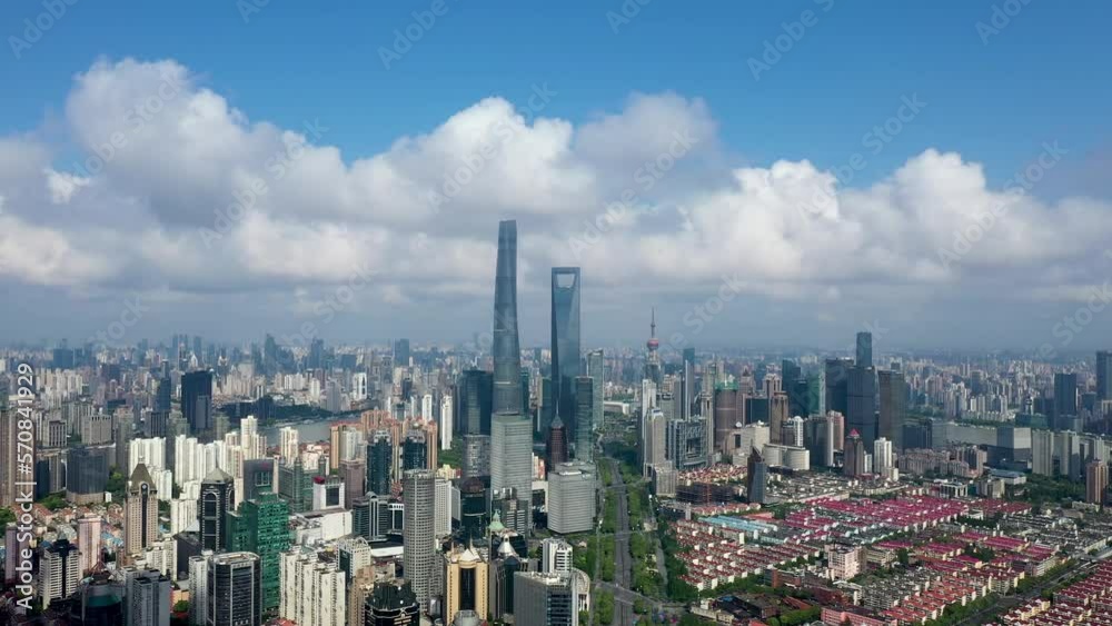 Drone aerial photography of Lujiazui scenery in Shanghai under the blue sky and white clouds Drone aerial photography of Lujiazui scenery in Shanghai under the blue sky and white clouds
