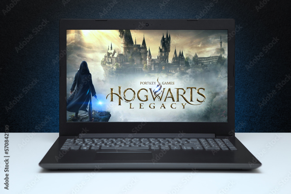 The Hogwarts Legacy computer game logo on laptop screen. Hogwarts