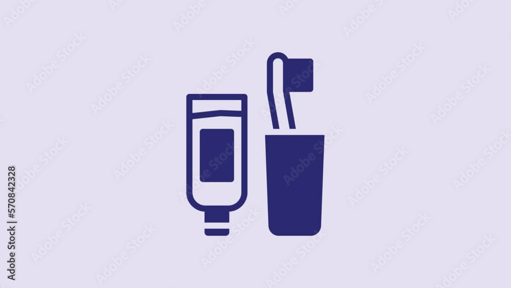 Blue Toothbrush and tube of toothpaste icon isolated on purple background. Disposable bathroom supplies. 4K Video motion graphic animation Blue Toothbrush and tube of toothpaste icon isolated on purple background. Disposable bathroom supplies. 4K Video motion graphic animation
