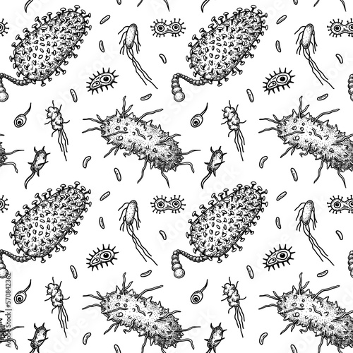 Viruses seamless patten. Scientific hand drawn vector illustration in sketch style. Microscopic microorganisms